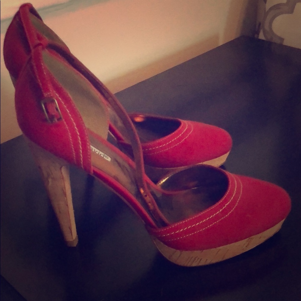 Charles David Heels. Red denim material with cork.